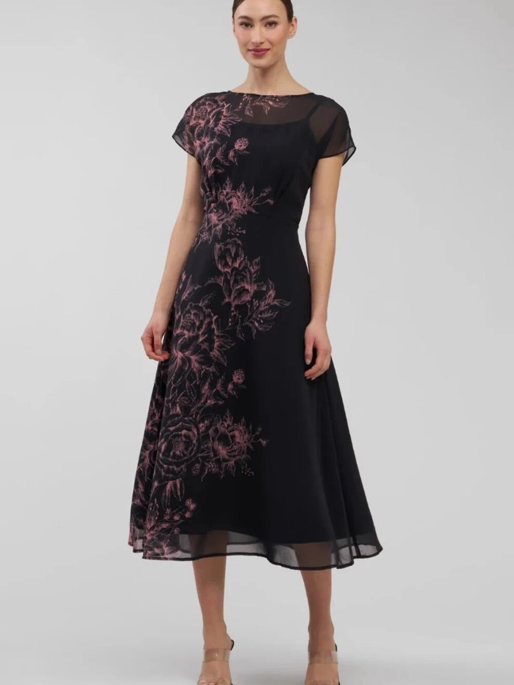 Kay Unger Carbon Black Multi Mariella Tea Length Midi Dress